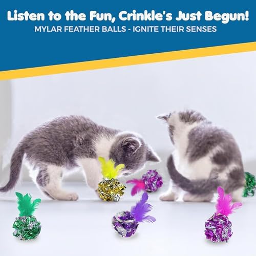 SunGrow Mylar Crinkle Balls with Feathers, 2.5-Inches, Shiny Stress Buster Crinkler, Suitable for Multiple Cats' Engagement, Ideal for Kittens and Grown-up Cats, 20-Pcs