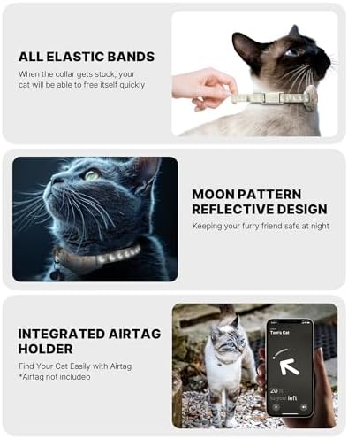 typecase Reflective Breakaway Cat Collar with AirTag Holder, Khaki & White | Khaki Reflective Breakaway Cat Collar With Bell And Silicone AirTag Holder; Adjustable 8-12 In; AirTag Not Included