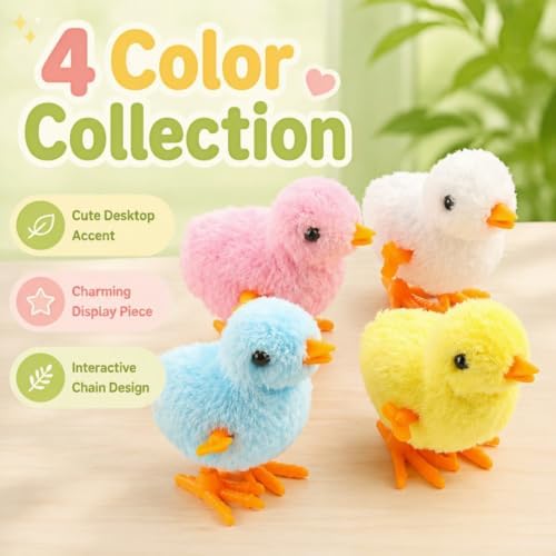Wind Up Plush Chicken Pet Toy Set of 4, Moving Jumping Fluffy Clockwork Chick Toys with Chirp Sound, Interactive Entertainment Play Toys for Cats & Dogs