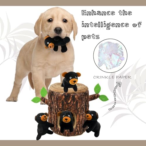 Hide and Seek Dog Toys Squeaky Bear Plush Toy with Crinkle Trunk, Interactive Dog Toy to Keep Them Busy Pet Teeth Clean Chew Toys for Small & Medium Dogs (Tree Trunk Hideout with 4 Bear)