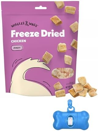 Wiggles & Wags Freeze Dried Chicken Dog Treats, 5 oz, with DN Essentials Bone Shaped Waste Bag Dispenser & Roll