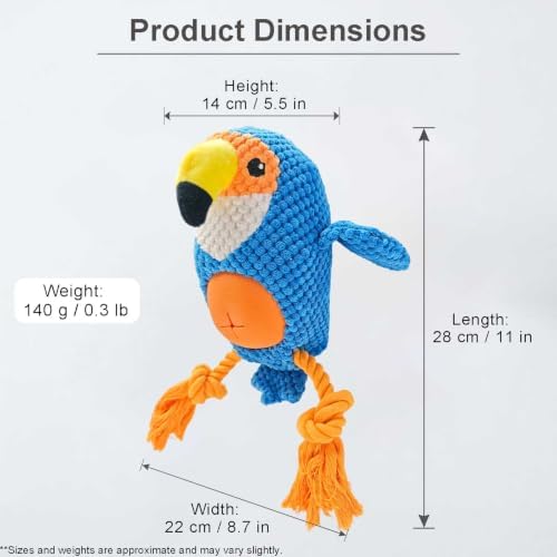 Blue Parrot Bird Dog Chew Toy, 11.0 in, Squeaker Rope Treat Toy