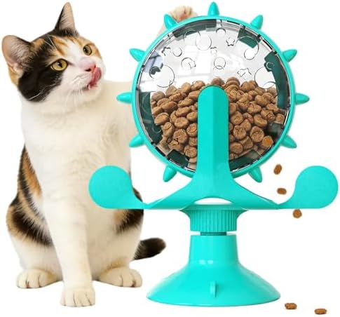 Cat Food Treat Dispenser Toy Interactive with 360°Rotating Windmill Suction Cup for Indoor Cats, Kittens & Small Dogs Slow Feeder Snack Exercise & Distribution Wheel Toy