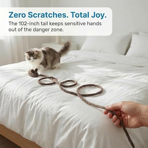 Glaciart One Felt Mouse Cat Toy – Soft Fuzzy Enrichment 100% Natural Wool - Interactive Catnip Play Cat Toy Set - Safe for Pets, Non-AZO Colored Dyes - 100” Long