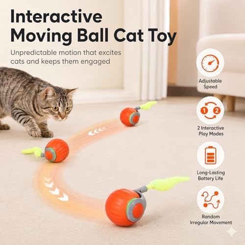 2Pcs Interactive Rolling Cat Ball Toy Pack, Automatic Moving Cat Toy Set with Detachable Plush Tails, Dual Speed & Dual Mode Rechargeable Kitten Toys（Blue+Orange）