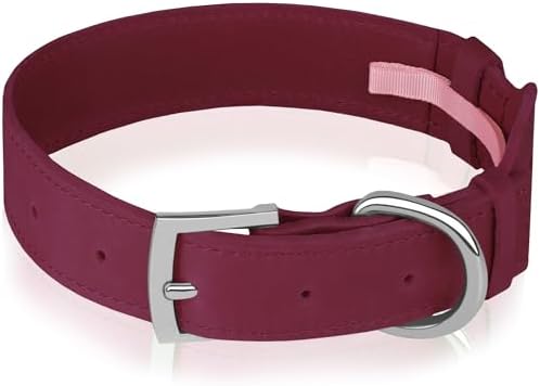 Leather Dog Collar with Airtag Holder - Apple Air Tag Dog Collars - Soft Tracking GPS Pet Collar for Small Medium Large Dogs Breed Puppy (Burgundy, M, 12"-15" Neck Fit)
