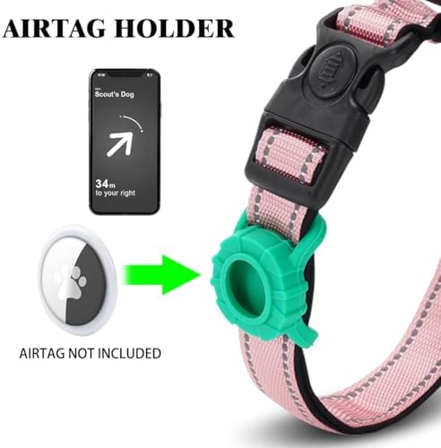 JSXD AirTag Dog Collar, Night Reflective Nylon Dog Collar for Small Medium Large Dogs,Lockable Quick Release Buckle,Padded Breathable Pet Collar with AirTag Holder (Pink, Small)