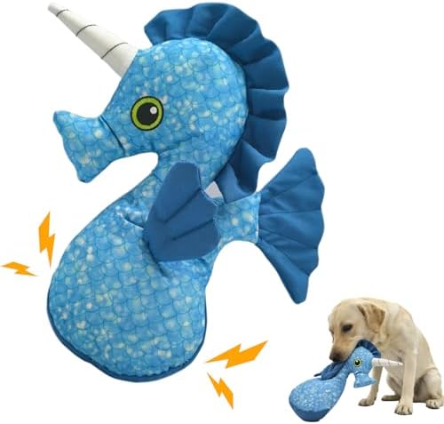 11.42" Recycled Canvas Seahorse Squeaky Dog Toy, Durable Stuffed Chew Toy for Puppy Teething, Interactive Play for Small Medium Large Dogs