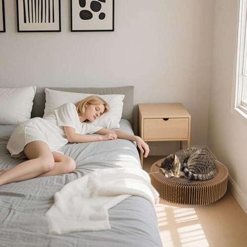 Cat Bed Scratcher Lounge - Cardboard Collapsible Pet Scratching Pad, Round Cat Scratch Nest for Indoor Big Large Kitty Kitten