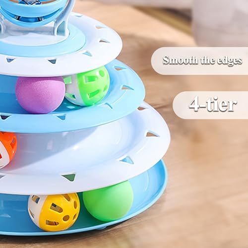 Vealind Cat Toy Roller 4-Level Turntable Cat Toys Balls with 14 Pcs Colorful Pom Pom Balls Interactive Fun Mental Physical Exercise Puzzle Kitten Toys (Blue)