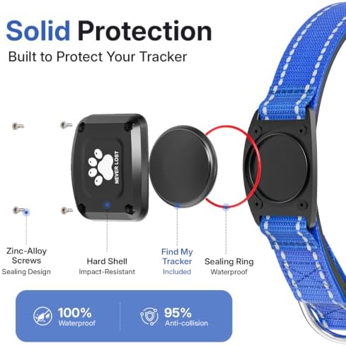 GPS Dog Collar with Tracker, Waterproof, No Monthly Fee, Blue, L | Works with Apple Find My, iOS Only, MFi Certified, No SIM Card, for Large Dogs, Reflective Padded Nylon, Neck 16.5-23.5 in