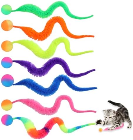 7pcs Bouncy Balls for Cats, Colorful Magic Worm with Ball, Interactive Cat Bouncy Ball, Twisty Fuzzy Worms for Cats Party Favors, Rainbow Colors
