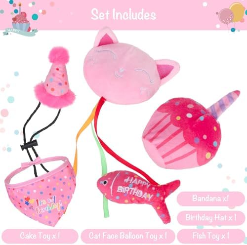 BINGPET Cat Birthday Decorations Outfit, 5 Pcs Catnip Toys for Indoor Cats