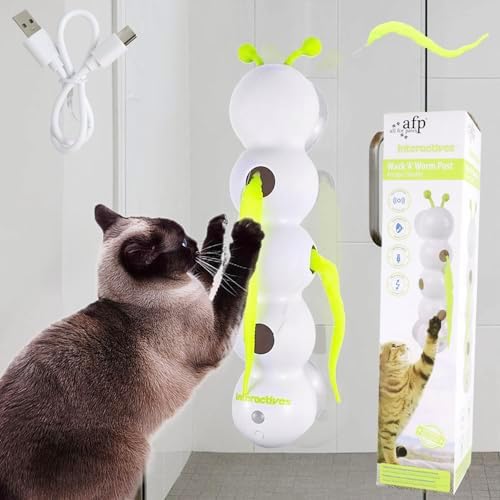 Cat Toys Interactive Feather, Caterpillar Cat Toy Automatic Fluffy Tail Teaser with Motion Sensor, Cat Worm Toy Suction Cup for Stable Play Reduce Boredom, USB Rechargeable, Perfect for Indoor Cats