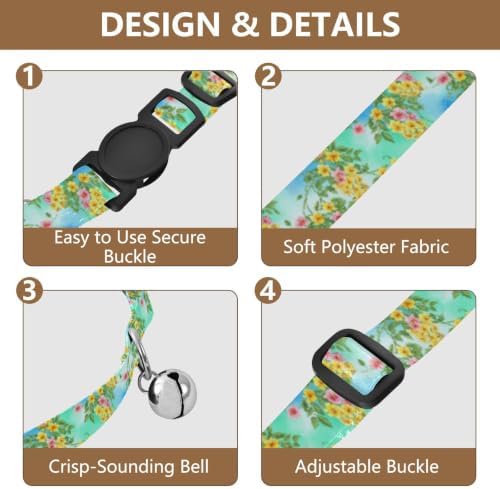 Flowers Green Vines Blue Pet Collar 2 Pack Pet Collars for Cats Adjustable 10.6 to 17.1 Inches