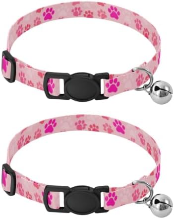 2 Pack Puppy Collar Paw Print Pink Decorative Pet Collar with Bell, Adjustable Length 10.6" to 17.1"