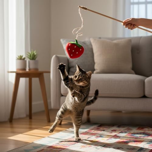 LUOZZY Interactive Strawberry Cat Wand Toy Catnip Plush Teaser Stick