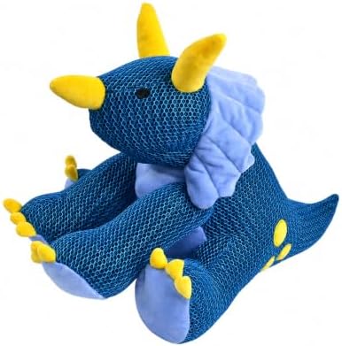 Large Squeaky Triceratops Plush Dog Toy, Belly Squeaker and Honeycomb Mesh, Soft Dinosaur Toy for Fetch, Carrying and Gentle Tug, Dark Blue