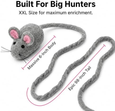 Glaciart One XXL Felt Mouse Cat Toy – 6” Body + 98” Tail – Large Cat Enrichment Toy – 100% Natural Wool with Catnip – Interactive Teaser for Big Cats – Safe Non-AZO Dyes
