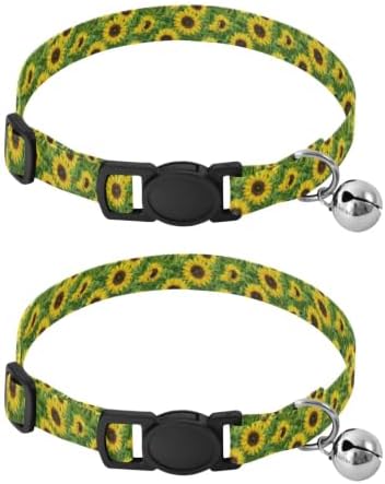 Sunflowers Green Leaf Collar with Bell for Dog Puppy 2 Pack Cat Collar Adjustable Length 10.6" to 17.1"