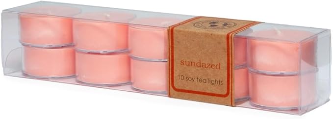 Eco Candle Co. Sundazed Tea Light Candles, 10-Pack, 9 Hr Burn Time | Scents of Passionfruit, Mango, Strawberry - Recyclable, No Lead, Hand Poured, Midwest Soybeans, .6 oz. Each
