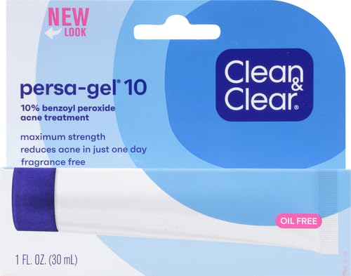 Clean & Clear Persa-Gel 10 Oil-Free Acne Spot Treatment with Maximum Strength 10% Benzoyl Peroxide, Topical Pimple Cream Visibly Reduces Acne in One Day, Fragrance-Free, 1 fl. oz (Pack of 4)