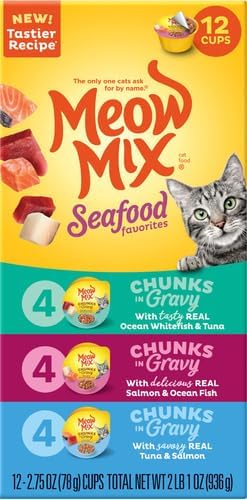 Meow Mix Seafood Favorites Chunks in Gravy Wet Cat Food Variety Pack, 2.75 Ounce (Pack of 48)