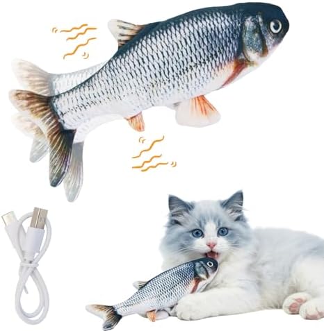 Flopping Fish Cat Toy, Interactive Moving Plush Cat Kicker Toy with Catnip Pocket, USB Rechargeable Automatic Wiggle Carp Toy for Indoor Kitten & Small Dogs, Single Carp（11.81Inch）