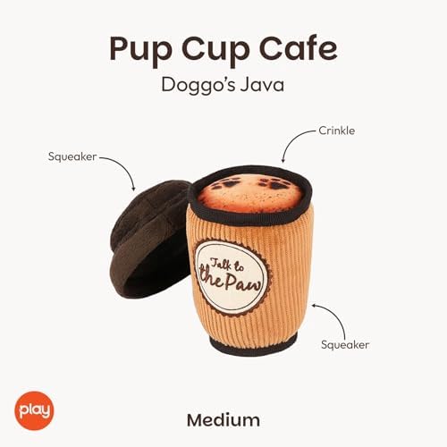 P.L.A.Y. Cute Plush Dog Toys - Coffee Shop Food Themed Durable Squeaker Chew Toy for Medium & Large Dogs - Machine Washable, Recycled Materials (Pup Cup Cafe Doggo's Java, Medium)