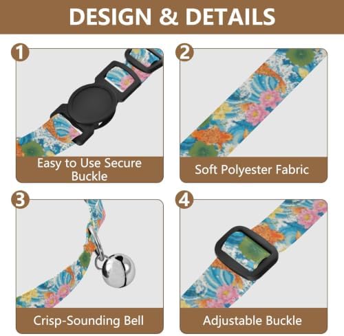 2 Pack Puppy Collar Koi Fish Flowers Blue Cat Collar with Bell, Adjustable Length 10.6" to 17.1"