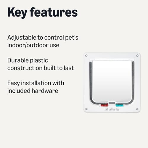 Amazon Basics Adjustable Plastic Dog and Cat Door with 4-Way Lock, Small, 5.7" x 5.6" Entrance, 7.5" x 7.4" x 2.2", White, for Interior and Exterior Doors or Wall