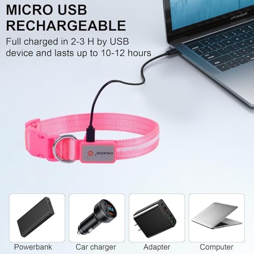 CHUKCHI LED Dog Collar Rechargeable,Waterproof Flashing Collar,Light Up Glow Collar, Adjustable Soft Safety Light Up for Small Medium Large Dogs Walking Camping at Night (Pink-S)