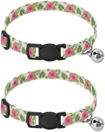Hibiscus Flowers Tropical Palm Leaf Cream Adjustable Buckle Pet Collars 2 Pack Cat Neck Collar