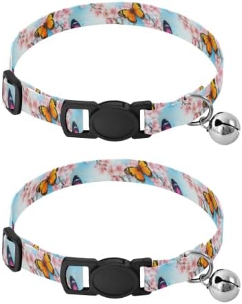 Butterflies Cherry Tree Branches Small Dog Collar with Bell 2 Pack Kitten Collar Adjustable Length 10.6" to 17.1"