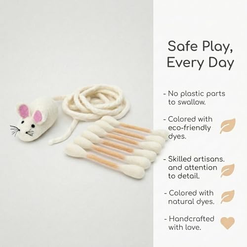 Glaciart One Cat Qtip Toy Set, Felt Mice Cat Toy & Cotton Swab Cat Toy, Wool Felt Cat Toys for Indoor Cats