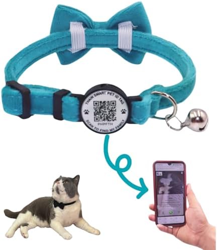 THAIN Personalized Cat Collar with Bell and Bowtie Breakaway QR Code Name Smart ID tag Quick Release Soft Comfortable Collar for Cats and Kittens (Blue)