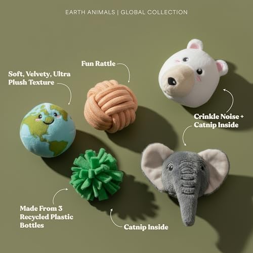 Premium Plush Cat Toy - Earth Animals 5-Pack Cat Toy, Eco Friendly