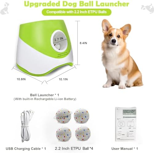 MEKAPLE Automatic Dog Ball Launcher for Samll to Medium Dogs, Upgraded Interactive Toy Balls Thrower, Mental Stimulating Dog Toys with 4 Durable Etpu Balls 2.2 Inch (Light Green)