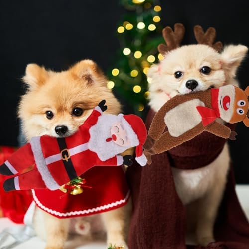 PAWCHIE Christmas Squeaky Dog Toys for Small Medium Large Dogs, No Stuffing Crinkle Puppy Toys, Soft Pet Plush Teething Toys 2 Packs Chew Toys Santa Claus Reindeer Shape for Boredom