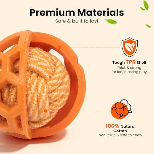 HGB 3.2" Dog Toy Ball for Aggressive Chewer, Tough Rubber, Cotton Rope Ball