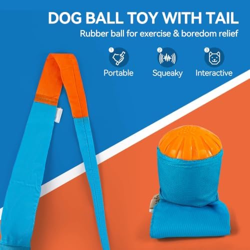 ALL FOR PAWS Fetch Dog Ball Toy with Tail, Interactive Throw & Catch Toy for Medium & Large Dogs, Rubber Ball with Squeaker for Exercise & Boredom Relief