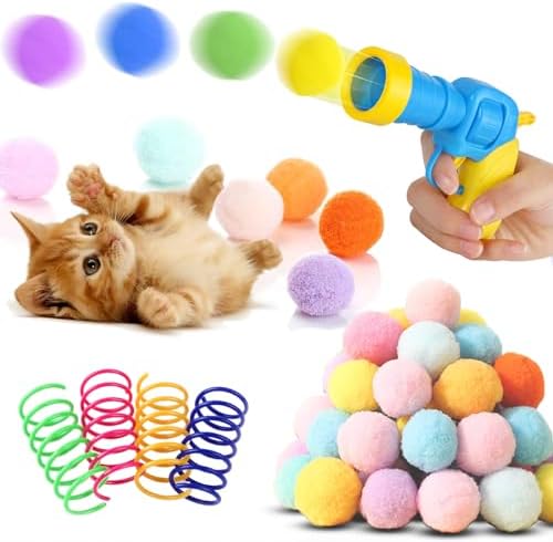 Low Noise Interactive Cat Ball Launcher Gun, 1 Noise-Reduced Launcher (New Upgraded), 20 Pcs Colorful Silent Plush Pom Pom Balls (1.2 inches), with 4 Pcs Cat Spring Toy