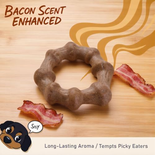 MECOOL Durable Nylon Dog Chew Toy – Bacon Flavored Ring Shape for Aggressive Chewers, Tough Interactive Fetch & Tug Toy for Medium Large Dogs, Long-Lasting Flying Disc Alternative