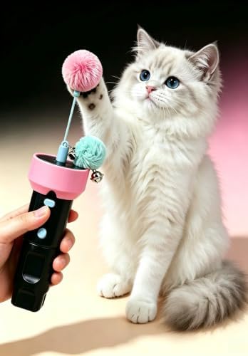 Electric Cat Fishing Toy, Type-C Recharge Interactive Teaser Entertainment Toy for Kitten, One-Click Pop Out & Auto Retractable Cat Wand Toy with Soft Balls, Kitten Teaser Toys for Indoor Cats (Black)