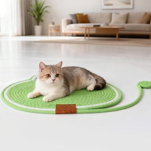 Cat Scratcher Mat Natural Cotton Rope Oval Horizontal Floor Cat Scratch Bed Pad with Ball Toy Protector for Furniture Floor Wall (Brown, 2 PC)