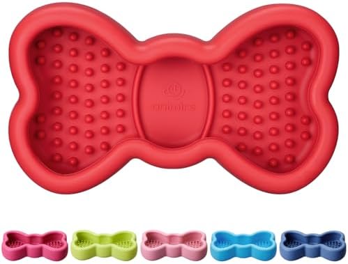 Lick Mat for Dogs, Animire Anti-Spilled Bow Tie Lick Bowls for Anxiety Relief, Silicone Slow Feeder Licking Pad with Suction Cups, Freezeable Dog Enrichment Toy for Boredom and Distraction(Red,S)