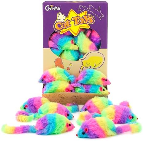 CHIWAVA 24PCS 2.8" Rainbow Color Furry Cat Toy Mice with Rattle Kitten Play