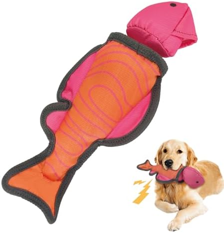 12.8 Inch Pink Orange Fish Slingshot Flying Dog Toy, Oxford Squeaky Chew Toy for Fetch Training, Interactive Durable Toy for Medium Large Dogs