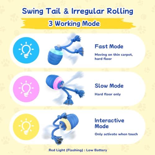 Interactive Dog Toys, Automatic Rolling Dogs Toy with Rope for Medium/Large Dogs, Touch Activated Moving Dog Ball for Boredom(Blue)