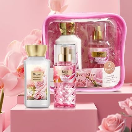 Mother's Day Rose Spa Gift Set - 2PCS Luxury Bath and Body Kit for Women with Body Lotion & Body Mist - Portable Travel Size Self Care Gift for Mom, Wife, or Her